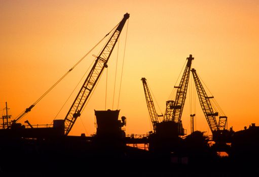 silhouette of industrial cranes at sunset