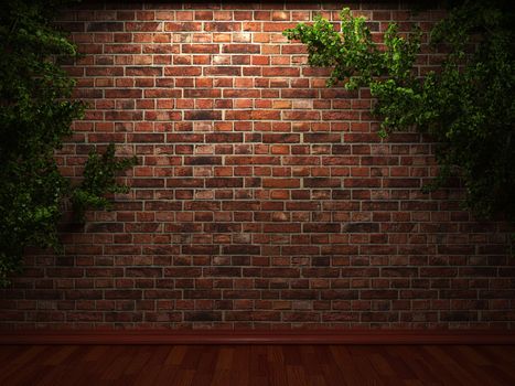 illuminated brick wall and ivy made in 3D graphics