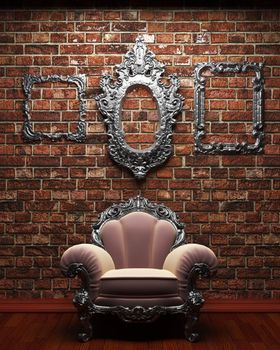 illuminated brick wall and chair made in 3D graphics