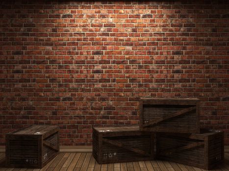 illuminated brick wall and boxes made in 3D graphics