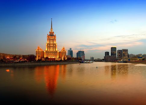  Night Moscow. Moscow River. A kind from Krasnopresnenskaya quay on hotel Ukraine. 