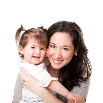 Beautiful happy smiling mother and baby toddler daughter family together, isolated.