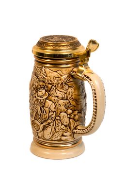 A traditional beer stein depicting the Gold Rush.