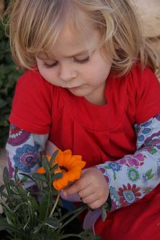 Beautiful young girl looking at flower