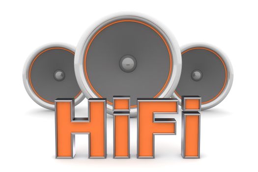 bent word HiFi with three speakers in background - orange