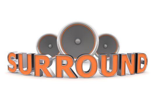 bent word SURROUND with three speakers in background - orange