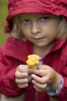 A little girl dressed in a rain coat is holding up a small yellow chanterelle