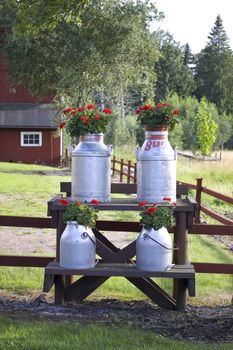 Milk churns displayed on the road side with flower arrangements outside a farm in Sweden