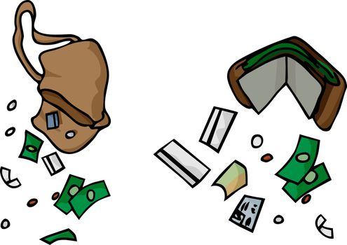 Drawing of a purse and wallet with loose credit cards and cash