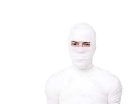 Mummified young Man isolated on white background