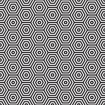 Seventies inspired hexagon seamless pattern background in black and white