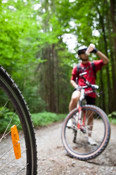 Mountain biking in a forest - bikers on a forest biking trail (shallow DOF, focus on the bike wheel in the foreground)