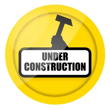 Under construction sign with raised up the arm of worker holding hammer in hand isolated over white background