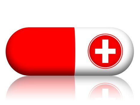 Pill capsule with medical cross isolated over whine background