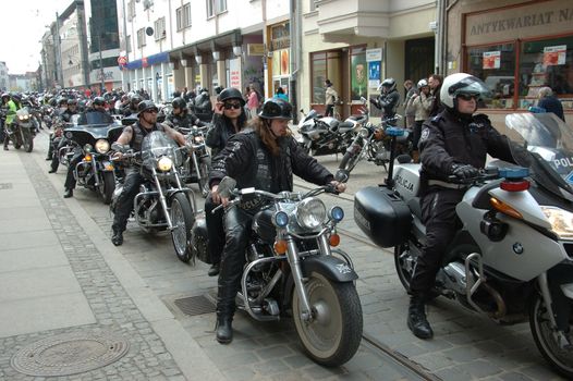WROCLAW, POLAND - April 16: Motorcycle parade and season opening in Poland. Riders gather to enjoy new season and collect blood for children in hospitals. Motors in parade on April 16, 2011.