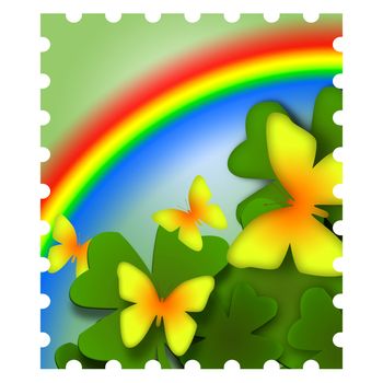 Spring inspired colorful postage stamp illustration with butterflies and rainbow