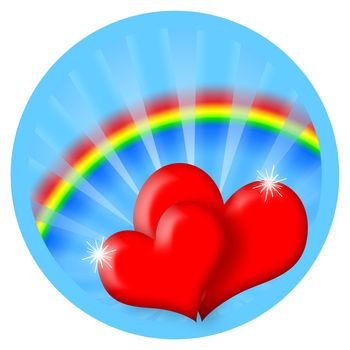 Red hearts in shining ray and rainbow isolated over white background