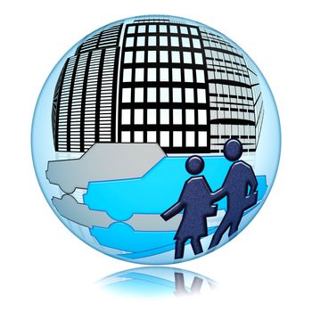 People and cars on the street of the big city inside glass sphere, isolated over white background