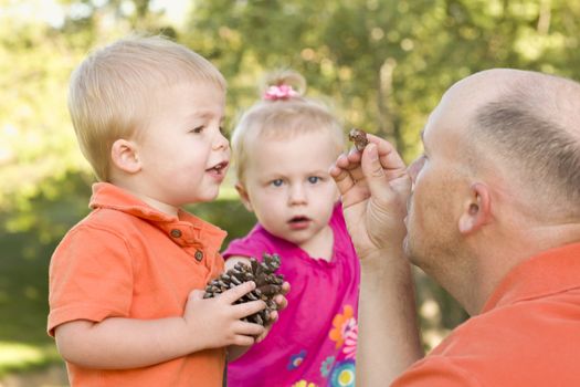 Cute Twin Children Talk with Dad about Pine Cones in The Park.
