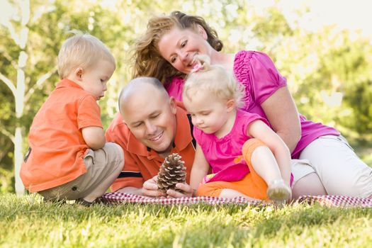 Young Caucasian Family Enjoying Pinecones at The Park Together.