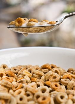 Bowl of cheerios being dipped into with a big spoon.