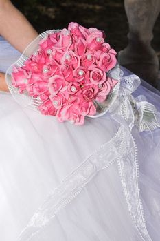 Wedding Bouquet with pink roses and pearly beads 