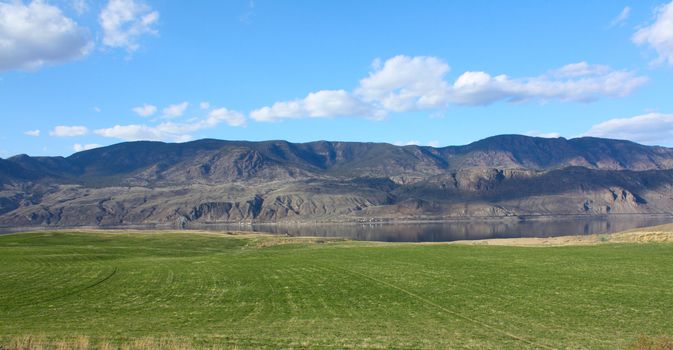 Green Canadian farmlands next to lake and mountain