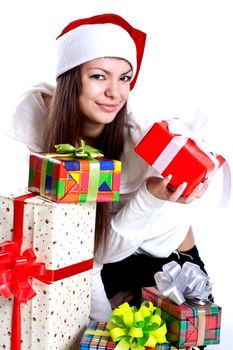 beautiful woman with holiday gift on a white background