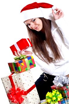 beautiful woman with holiday gift on a white background