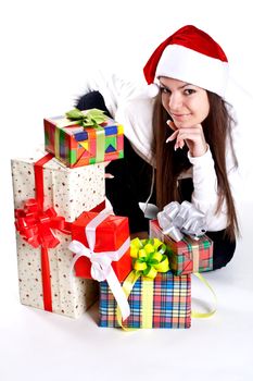 beautiful woman with holiday gift on a white background