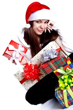 beautiful woman with holiday gift on a white background