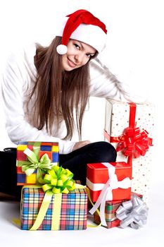 beautiful woman with holiday gift on a white background