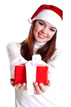 beautiful woman with holiday gift on a white background