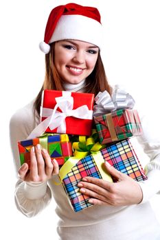 beautiful woman with holiday gift on a white background