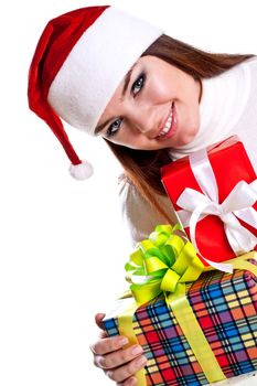 beautiful woman with holiday gift on a white background