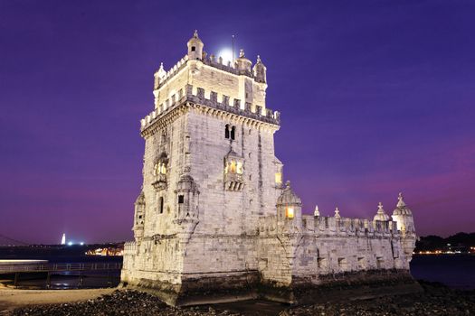 The Tower of Belem by night. Lisbon, Portugal. 