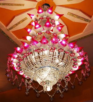 closeup of Home interiors Chandelier on ceiling with lights