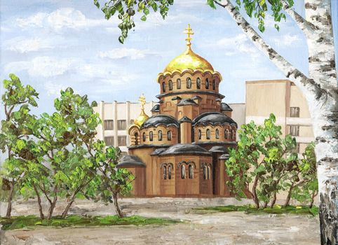 Picture oil paints on a canvas: Church, Cathedral of Alexander Nevsky, Russia, Novosibirsk