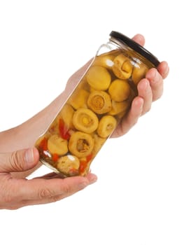 jar of canned mushrooms isolated on white background