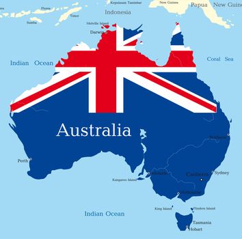 Abstract map of australian continent colored by  national flag