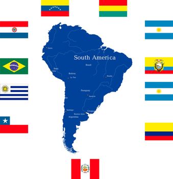 Abstract map of south america continent with countries flags