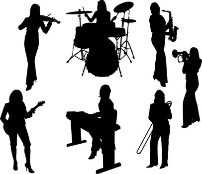 Vector Illustration: group of music girls silhouette