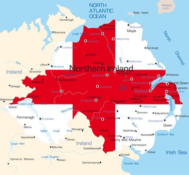 Abstract vector color map of Northern Ireland country coloured by national flag 