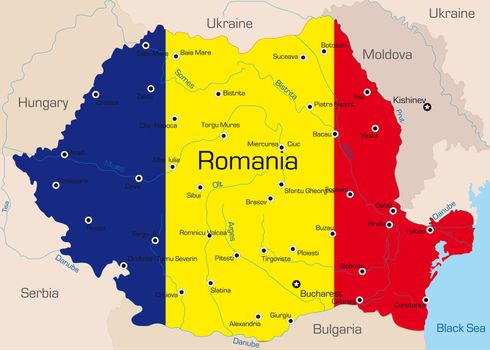 Abstract vector color map of Romania country coloured by national flag 
