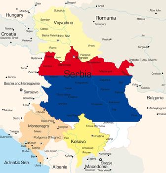 Abstract vector color map of Serbia country coloured by national flag 