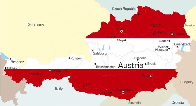 Abstract vector color map of Austria country coloured by national flag 