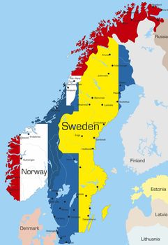 Abstract vector color map of Norway and Sweden country coloured by national flag 