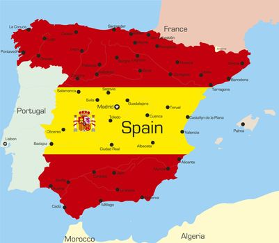 Abstract vector color map of Spain country coloured by national flag 