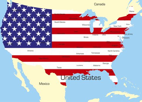 Abstract vector color map of USA country coloured by national flag 