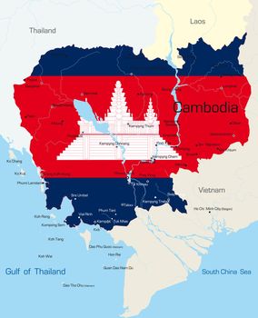 Vector map of Cambodia country colored by national flag